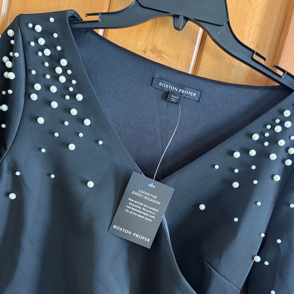 Boston Proper Elegant Black Pearl Embellished Bodice medium Top Blouse - Picture 3 of 12
